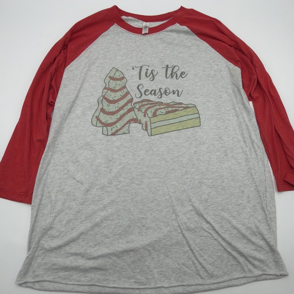 Women's XL Tis The Season Red Grey White Henley Little Debbie Christmas Trees